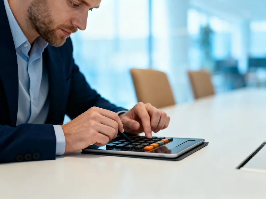 Mężczyzna w biurze obliczający finanse na tablecie, ilustrujący kalkulację wynagrodzenia netto.